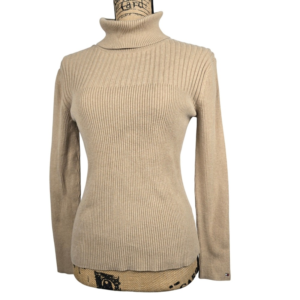 Tommy Hilfiger Womens Large Tan Beige Ribbed Knit Cotton Turtleneck‎ Sweater